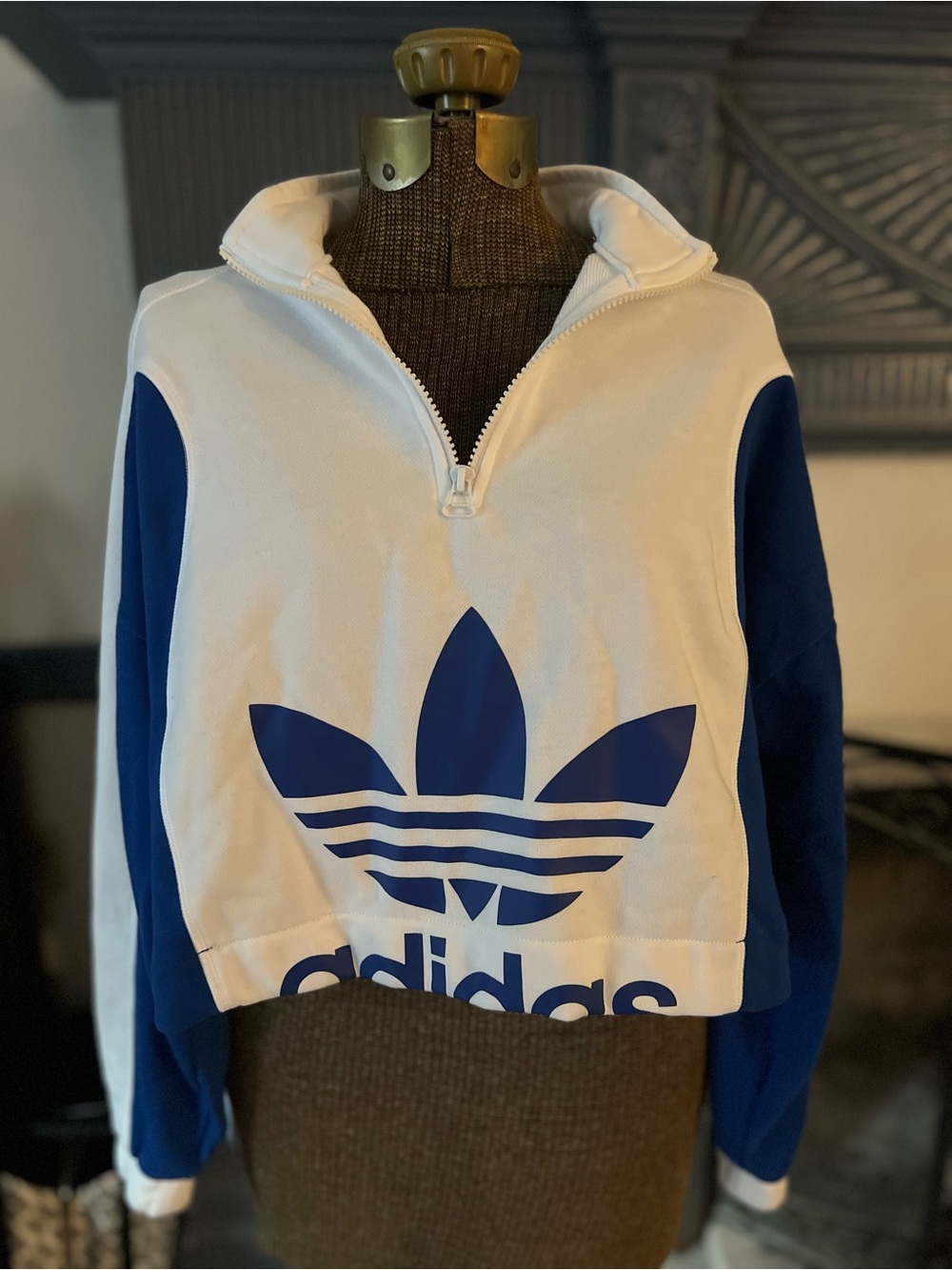 Adidas Quarter Zip Cropped Sweatshirt Pullover XS Blue White Trefoil